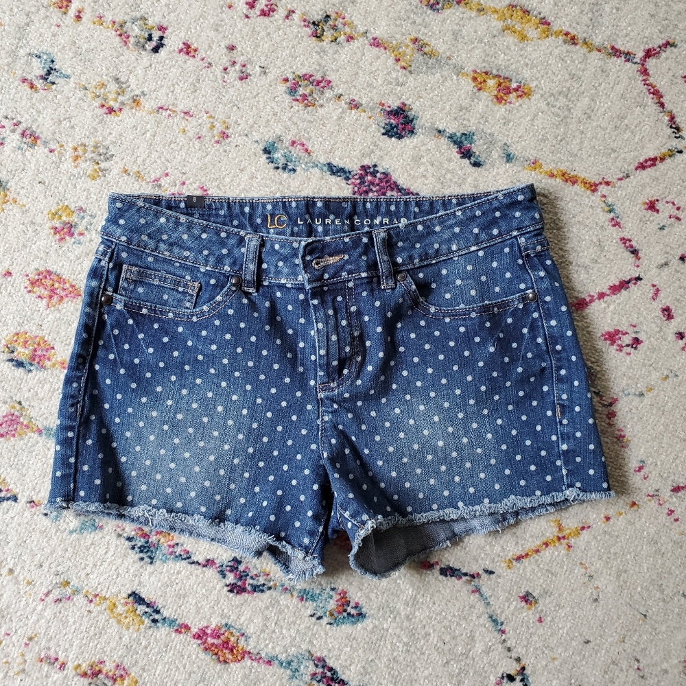 Polka dot denim shorts